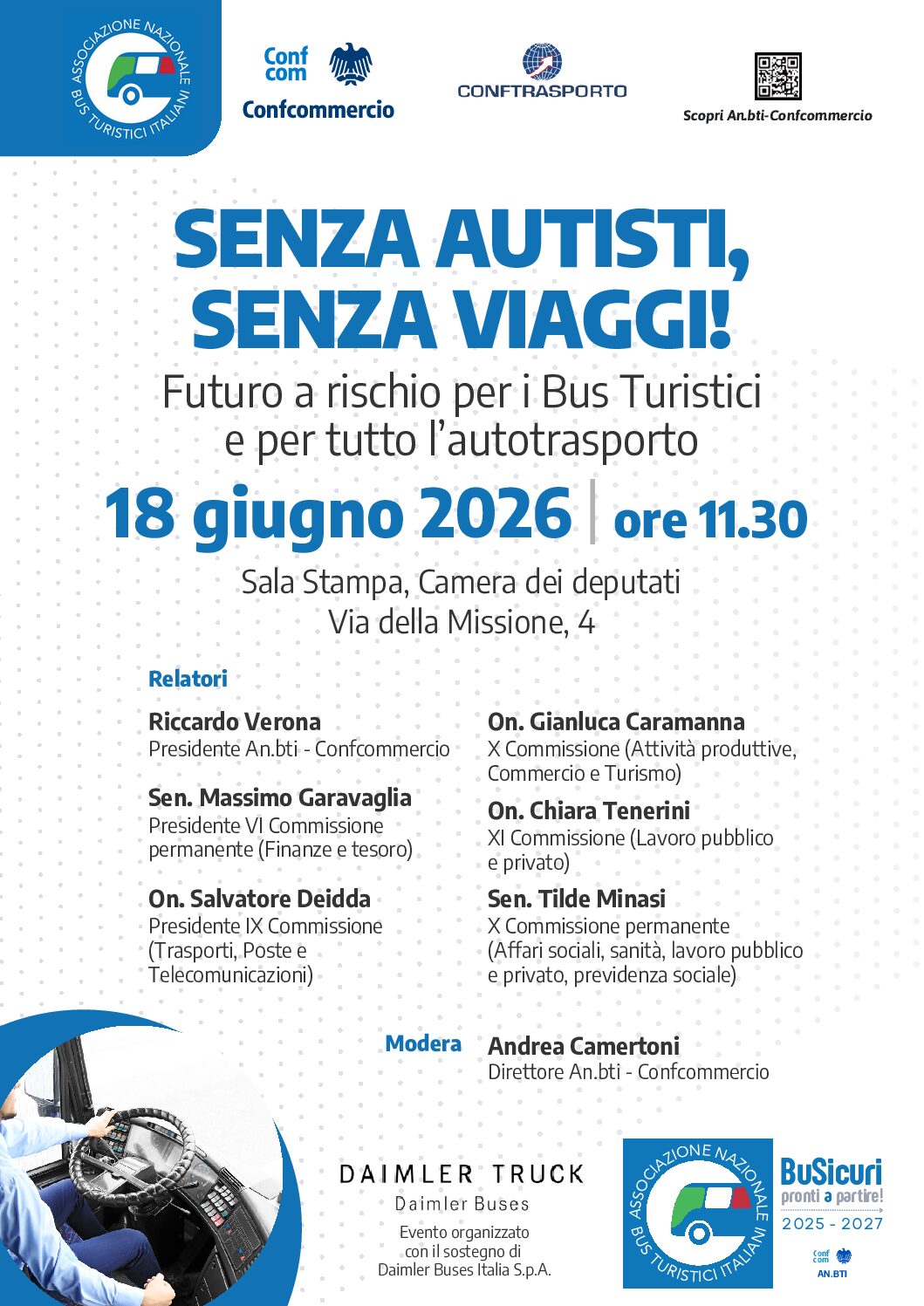 18 giugno 2026: Camera dei Deputati, convegno AN.BTI CONFCOMMERCIO Senza Autisti – Senza Viaggi